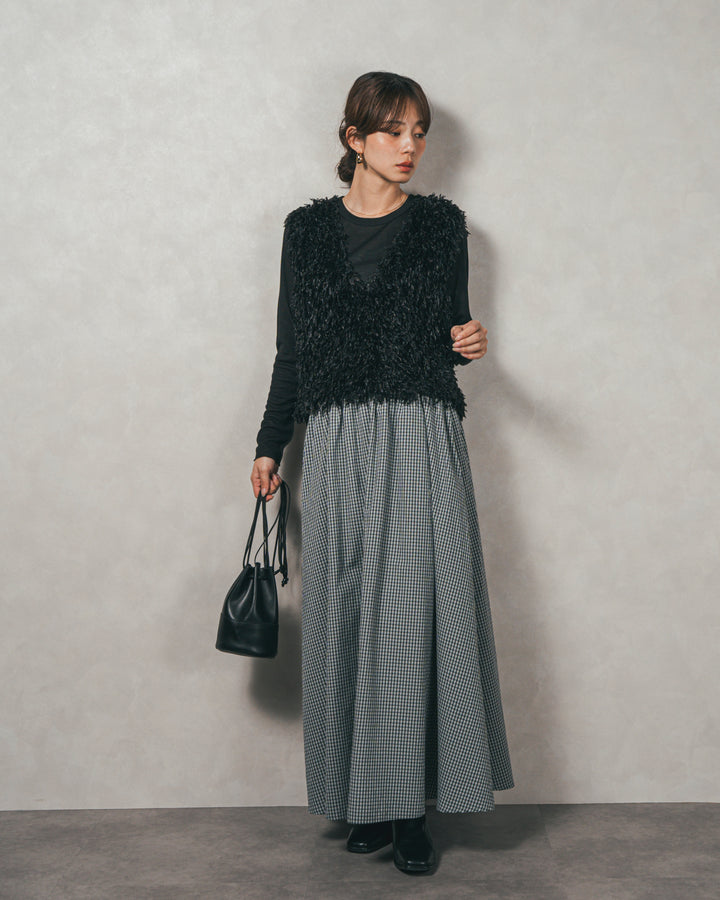 ［SET］2-Way フリンジベスト+チェックギャザーマキシスカート（2SET）