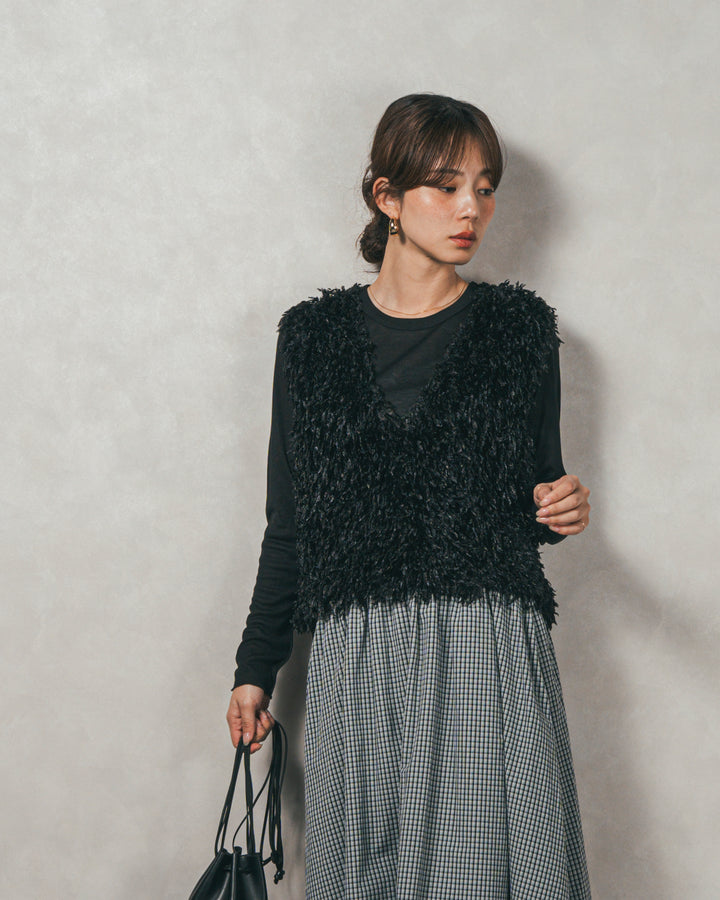 ［SET］2-Way フリンジベスト+チェックギャザーマキシスカート（2SET）