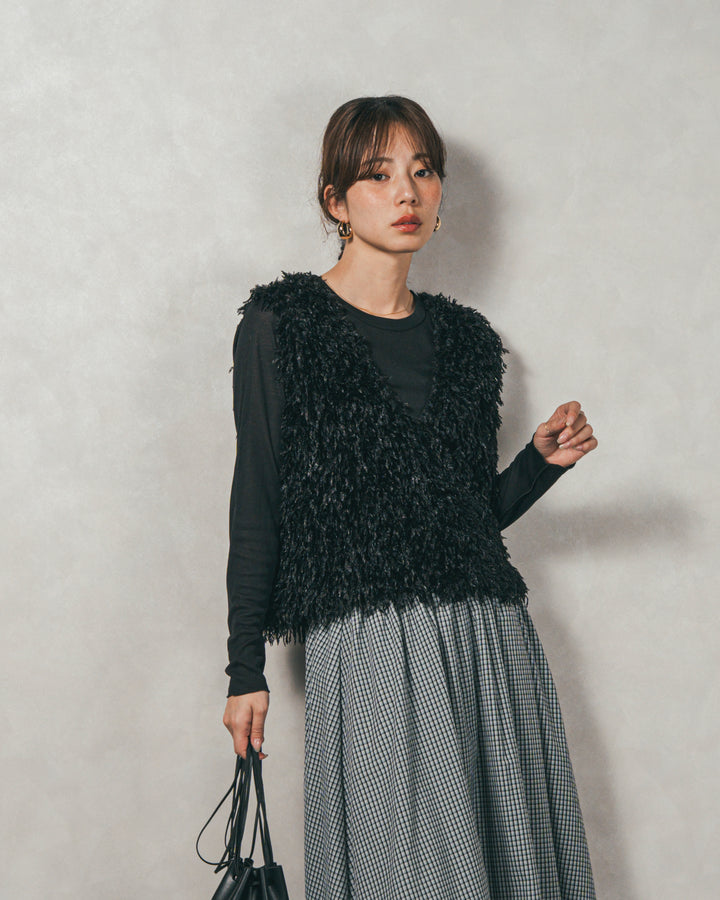 ［SET］2-Way フリンジベスト+チェックギャザーマキシスカート（2SET）