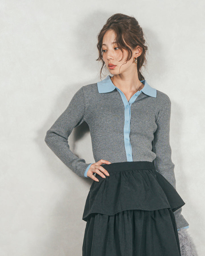 ［SET］バイカラー襟付きニットトップス+Flareティアードロングスカート（2SET）