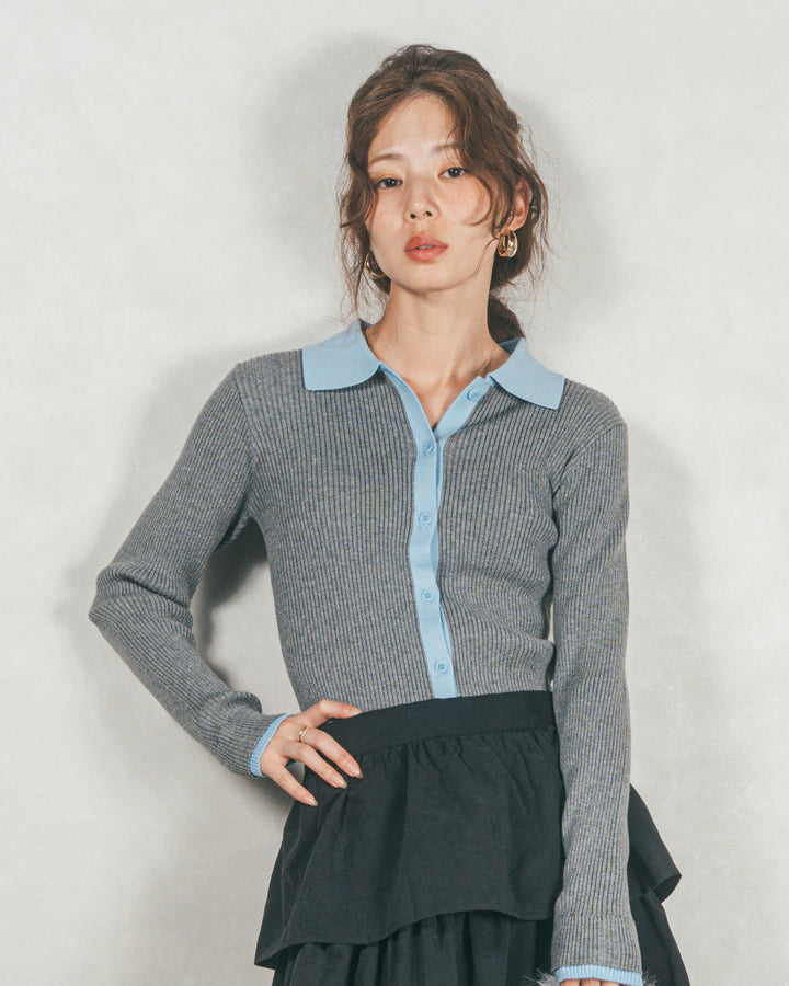 バイカラー襟付きニットトップス (GRAY x LIGHT BLUE)