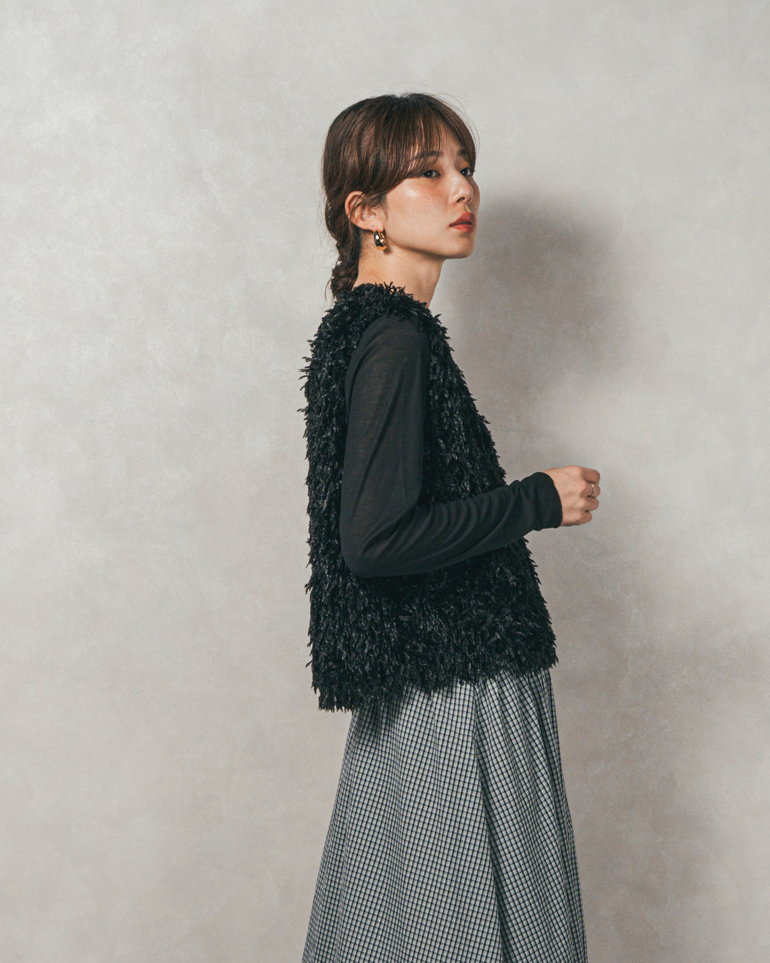 ［SET］2-Way フリンジベスト+チェックギャザーマキシスカート（2SET）