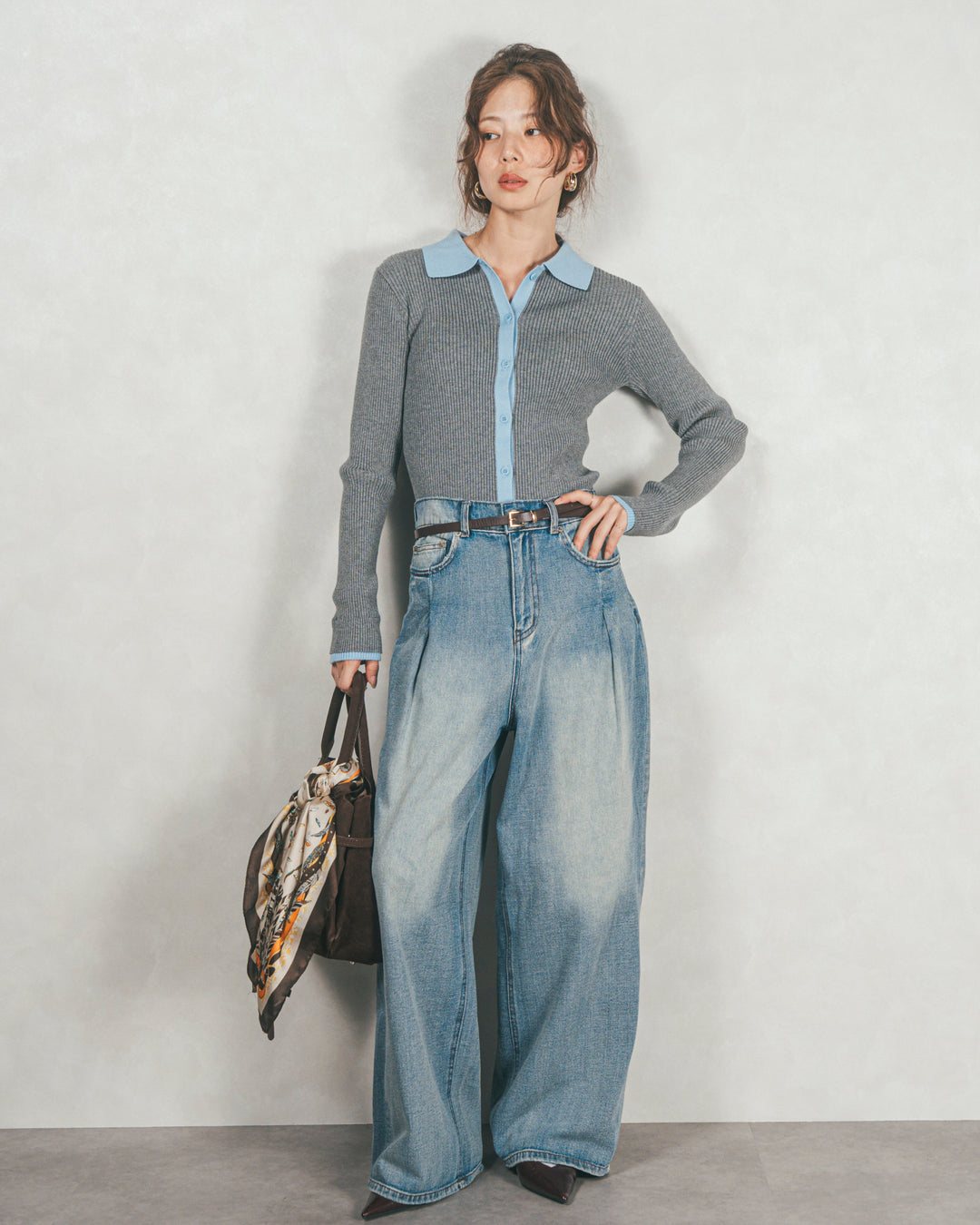 ［SET］バイカラー襟付きニットトップス+ワイドTuckイージーデニム