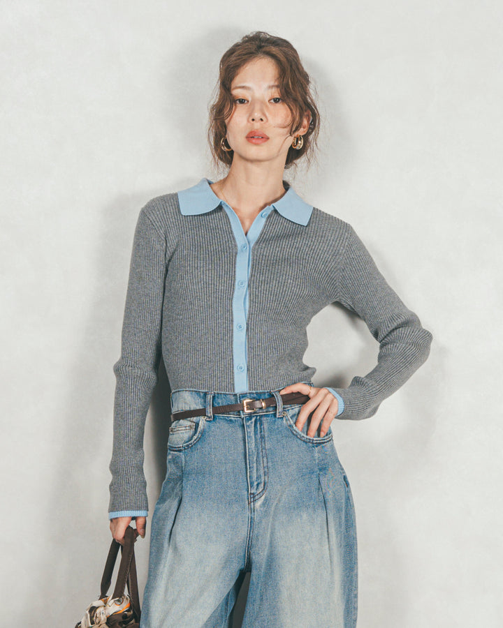 バイカラー襟付きニットトップス (GRAY x LIGHT BLUE)