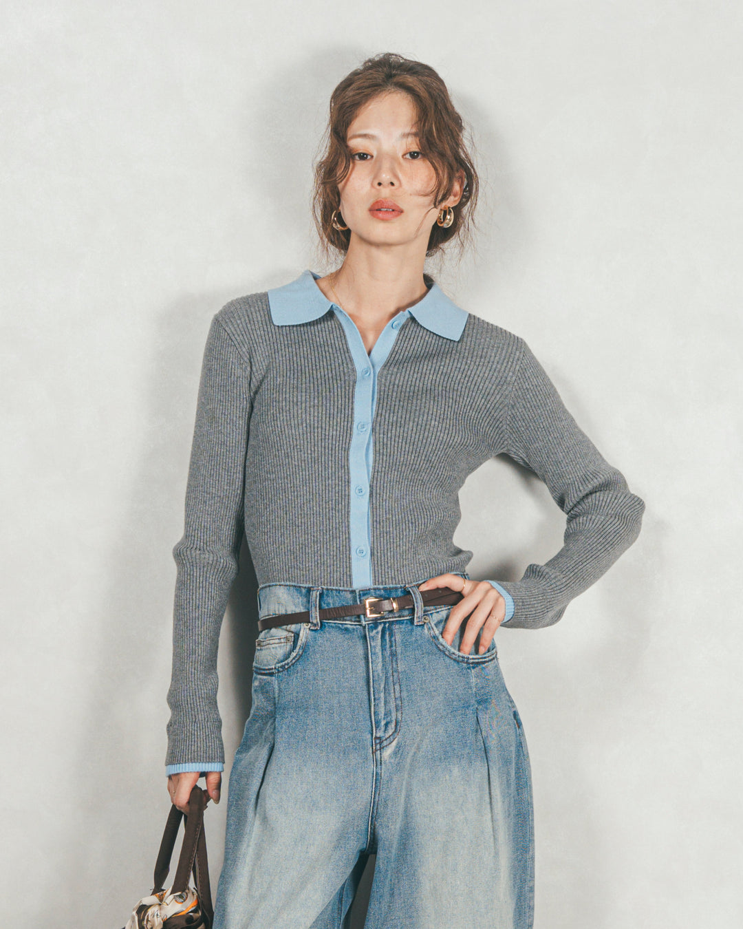 ［SET］バイカラー襟付きニットトップス+ワイドTuckイージーデニム