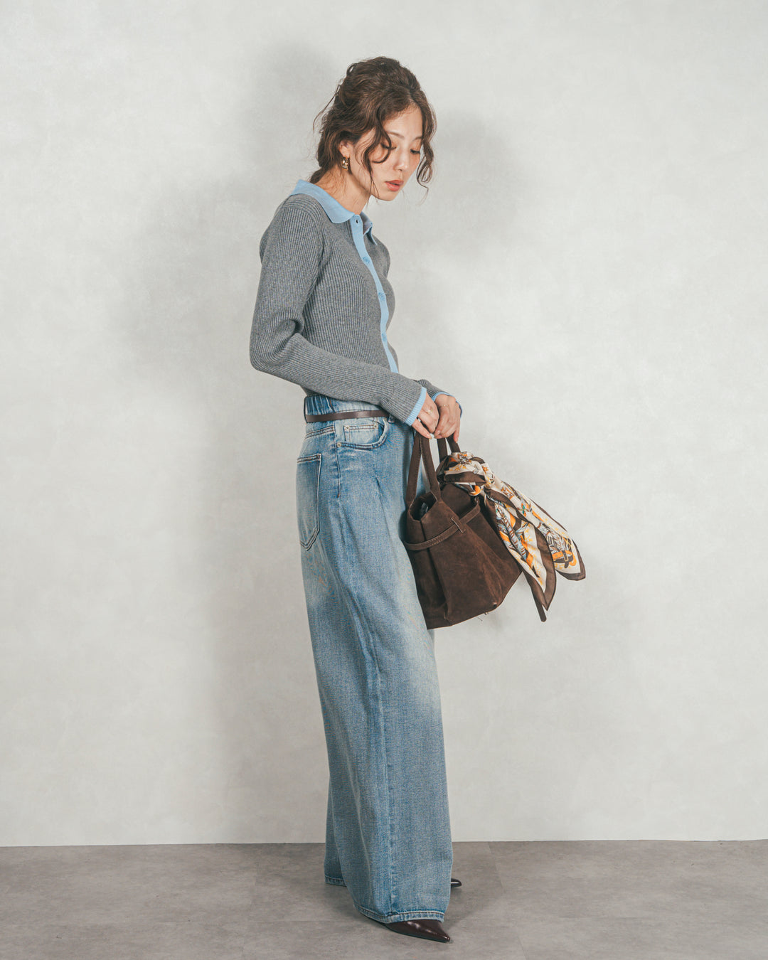 バイカラー襟付きニットトップス (GRAY x LIGHT BLUE)