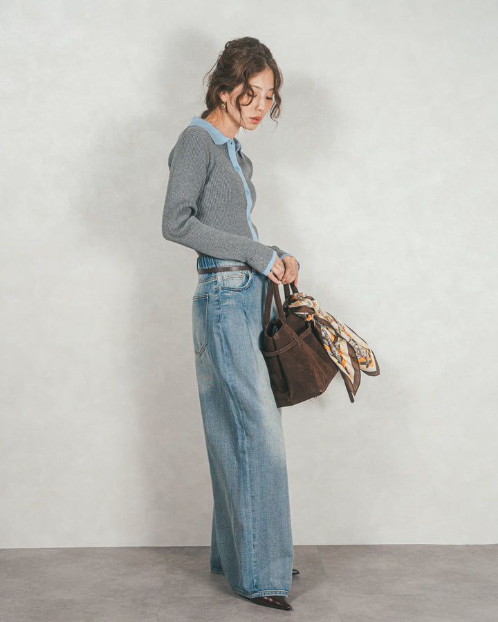 バイカラー襟付きニットトップス (GRAY x LIGHT BLUE)