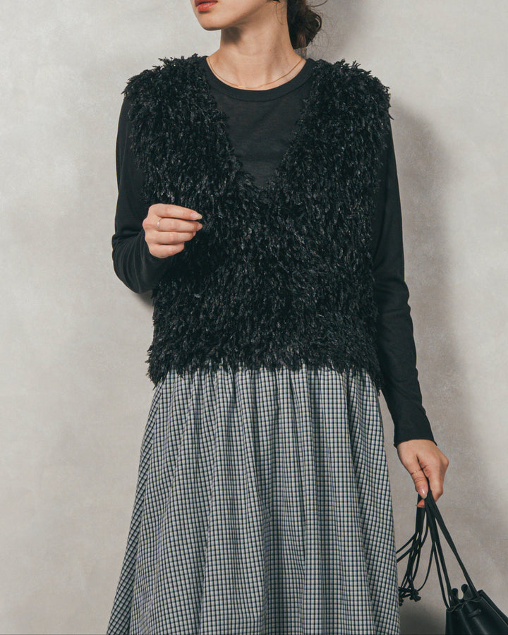 ［SET］2-Way フリンジベスト+チェックギャザーマキシスカート（2SET）