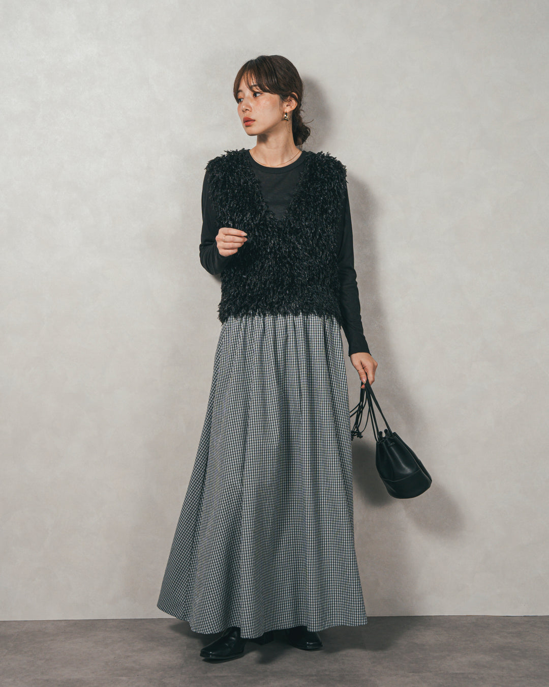 ［SET］2-Way フリンジベスト+チェックギャザーマキシスカート（2SET）