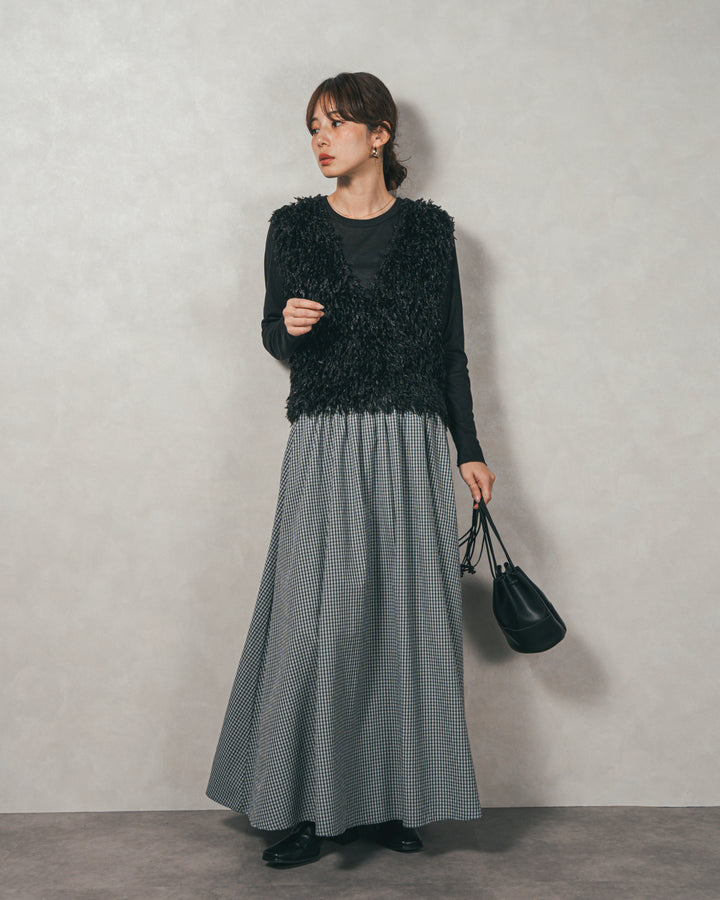 ［SET］2-Way フリンジベスト+チェックギャザーマキシスカート（2SET）