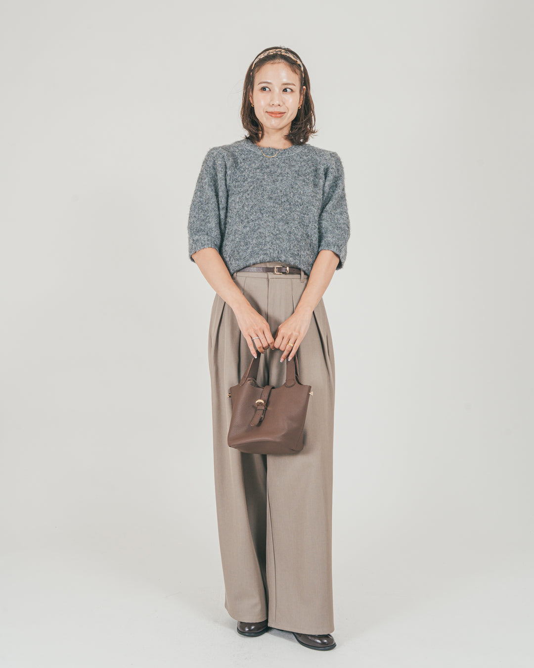 ［SET］フェザータッチハーフスリーブニット + ダブルタック ハイウエストワイドパンツ（2SET）