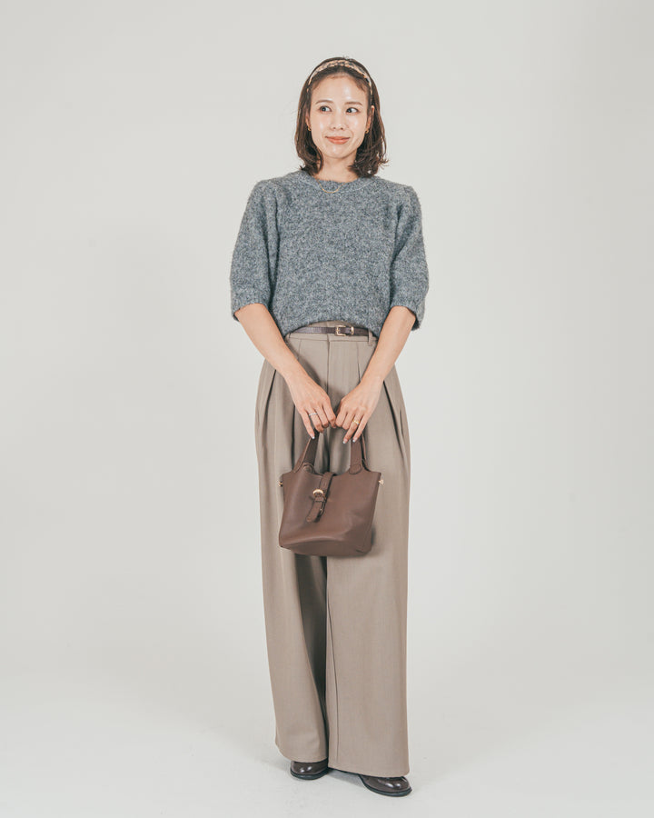 ［SET］フェザータッチハーフスリーブニット + ダブルタック ハイウエストワイドパンツ（2SET）