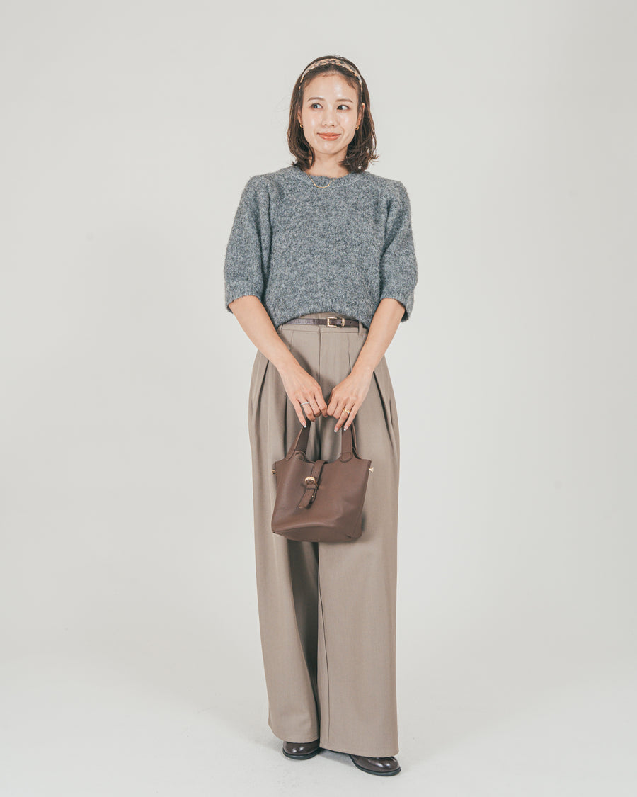［SET］フェザータッチハーフスリーブニット + ダブルタック ハイウエストワイドパンツ（2SET）