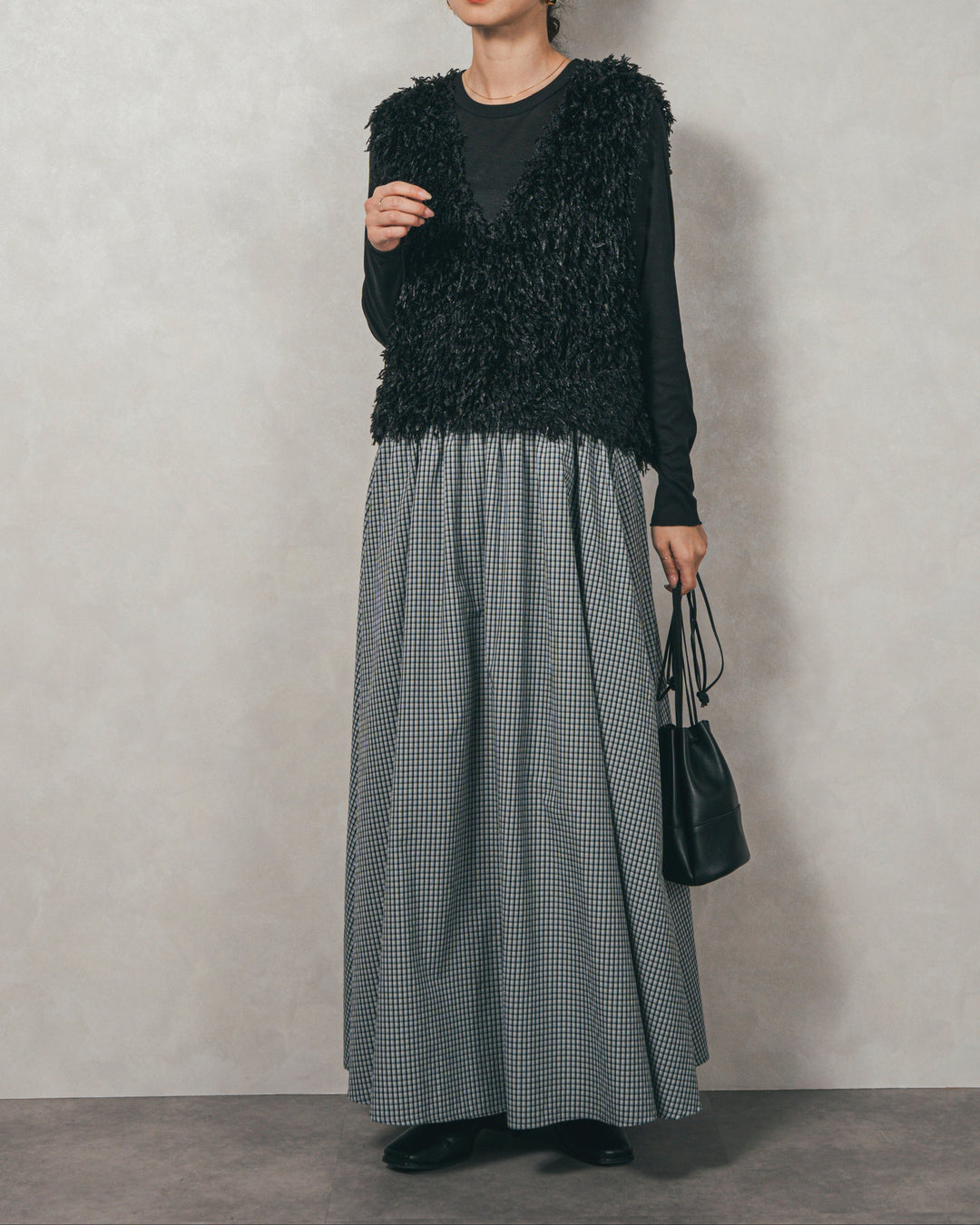［SET］2-Way フリンジベスト+チェックギャザーマキシスカート（2SET）
