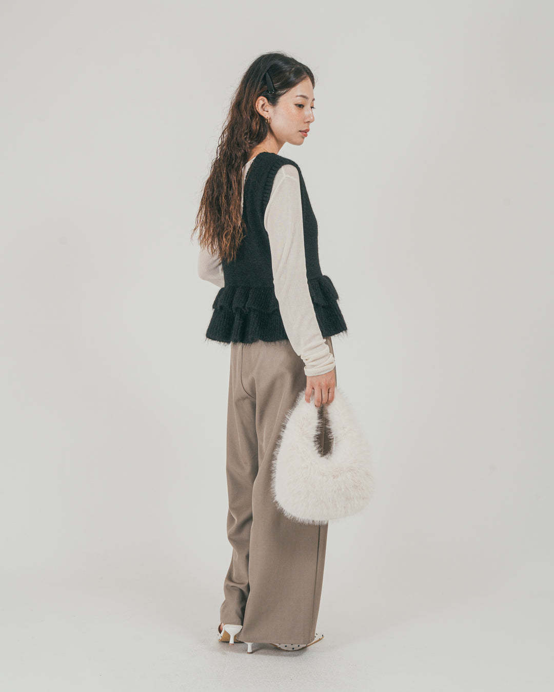 ［SET］2Way モヘアダブルFrillベスト + ダブルタック ハイウエストワイドパンツ（2SET）
