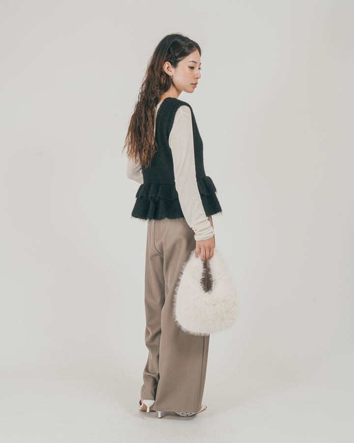 ［SET］2Way モヘアダブルFrillベスト + ダブルタック ハイウエストワイドパンツ（2SET）