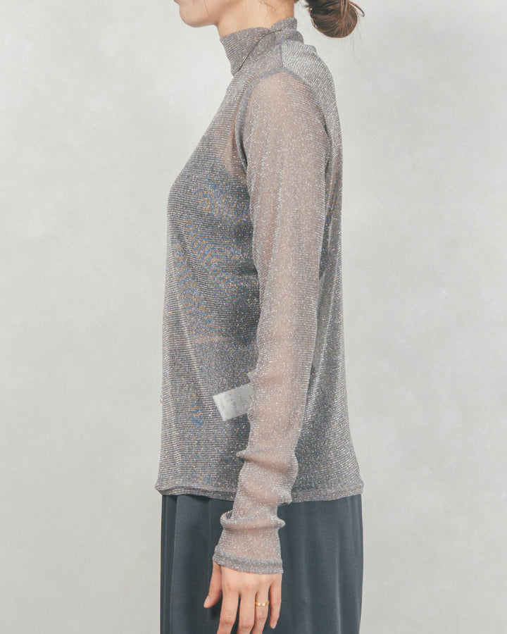 ［SET］フロントシリコンLogoスウェット+ラメSheerハイネックトップス+ワイドTuckイージーデニム