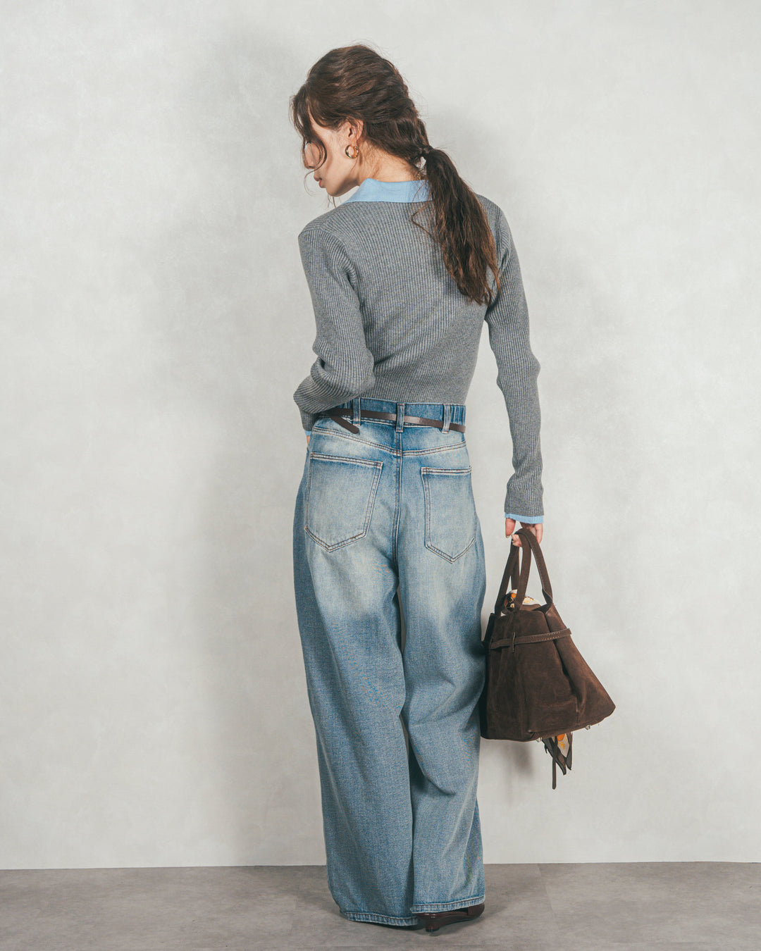 ［SET］バイカラー襟付きニットトップス+ワイドTuckイージーデニム