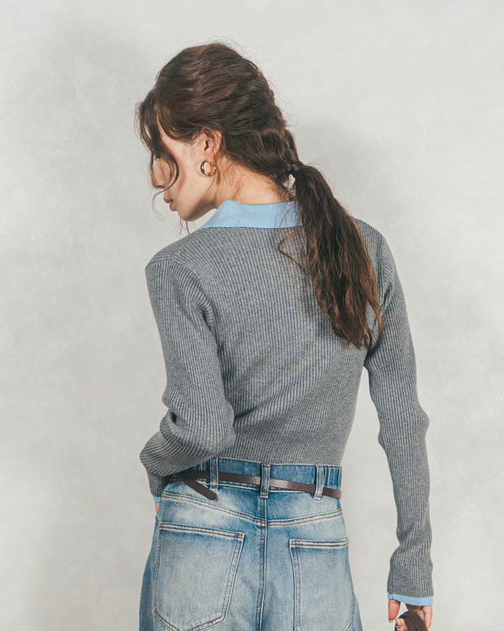 バイカラー襟付きニットトップス (GRAY x LIGHT BLUE)