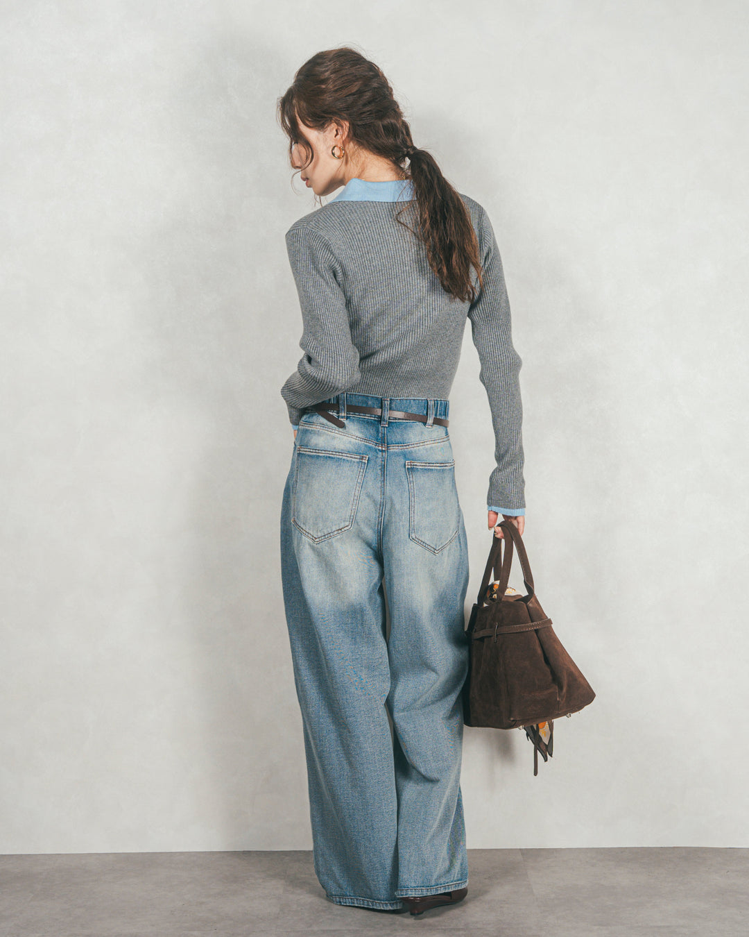 バイカラー襟付きニットトップス (GRAY x LIGHT BLUE)