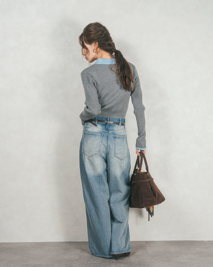 ［SET］バイカラー襟付きニットトップス+Flareティアードロングスカート（2SET）