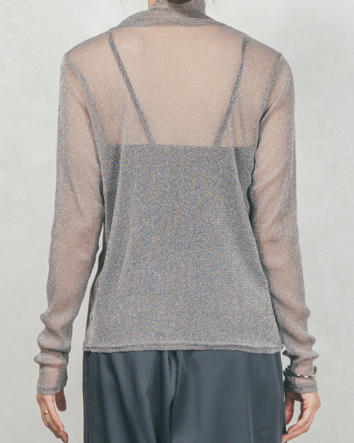 ［SET］フロントシリコンLogoスウェット+ラメSheerハイネックトップス+ワイドTuckイージーデニム