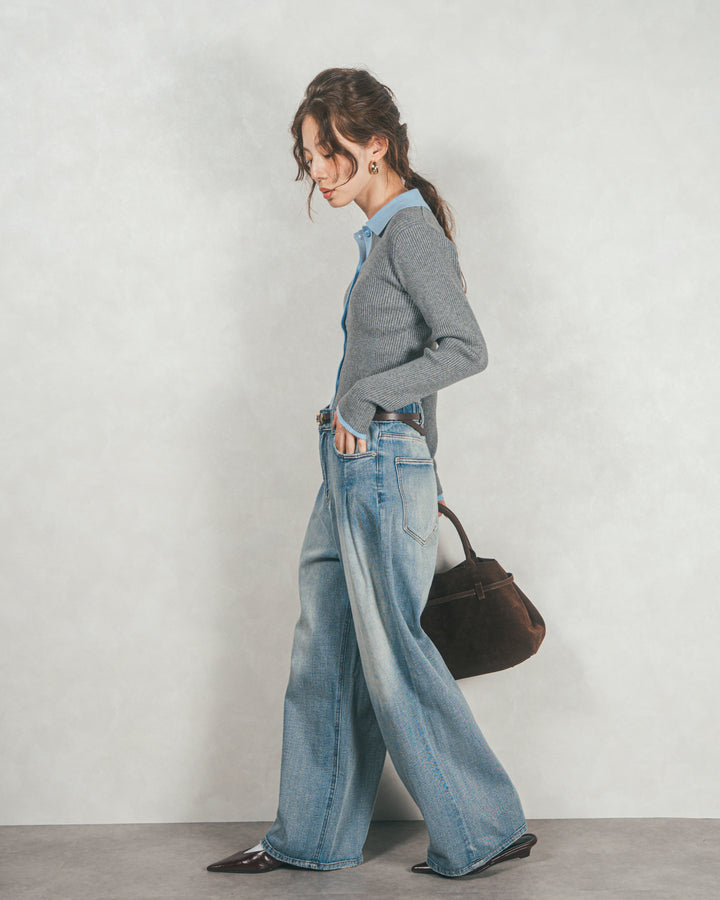 ［SET］バイカラー襟付きニットトップス+Flareティアードロングスカート（2SET）