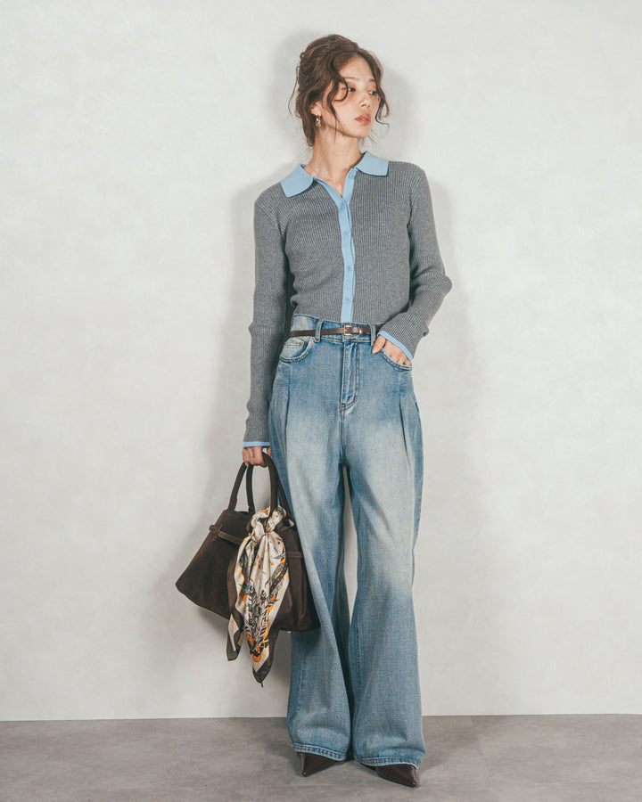 バイカラー襟付きニットトップス (GRAY x LIGHT BLUE)