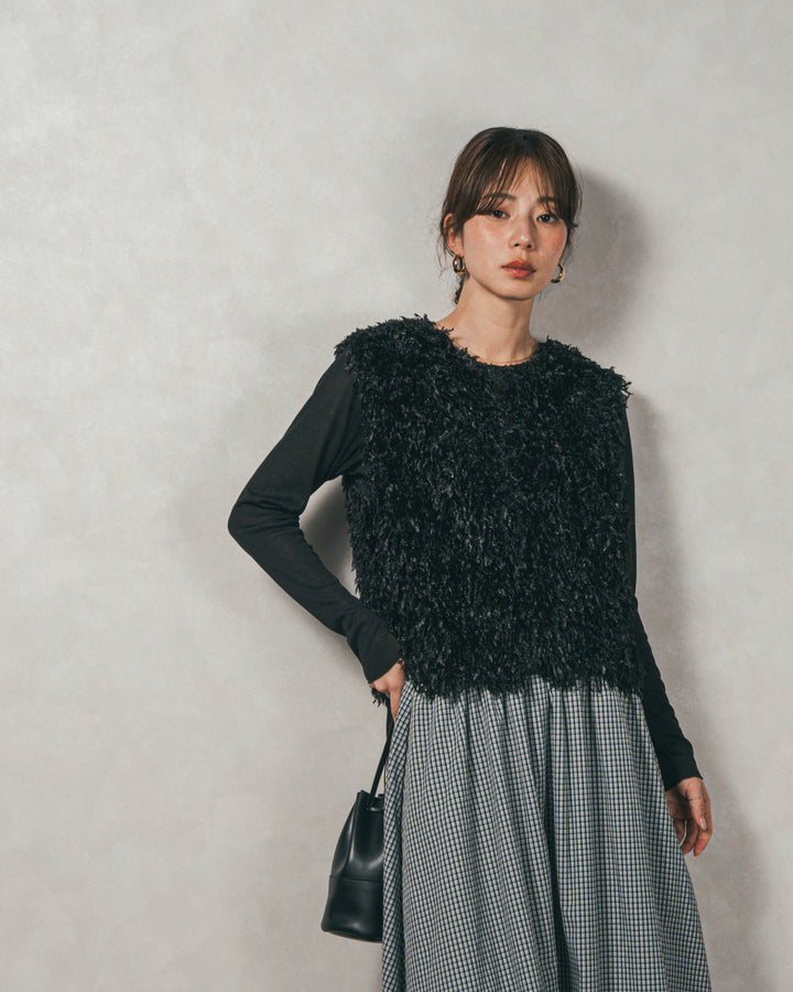 ［SET］2-Way フリンジベスト+チェックギャザーマキシスカート（2SET）