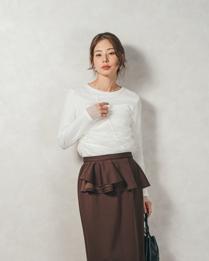 ［SET］【2枚SET】チュールshirringトップス&リブトップス+Multi-Way ライトポンチペプラムスカート（2SET）