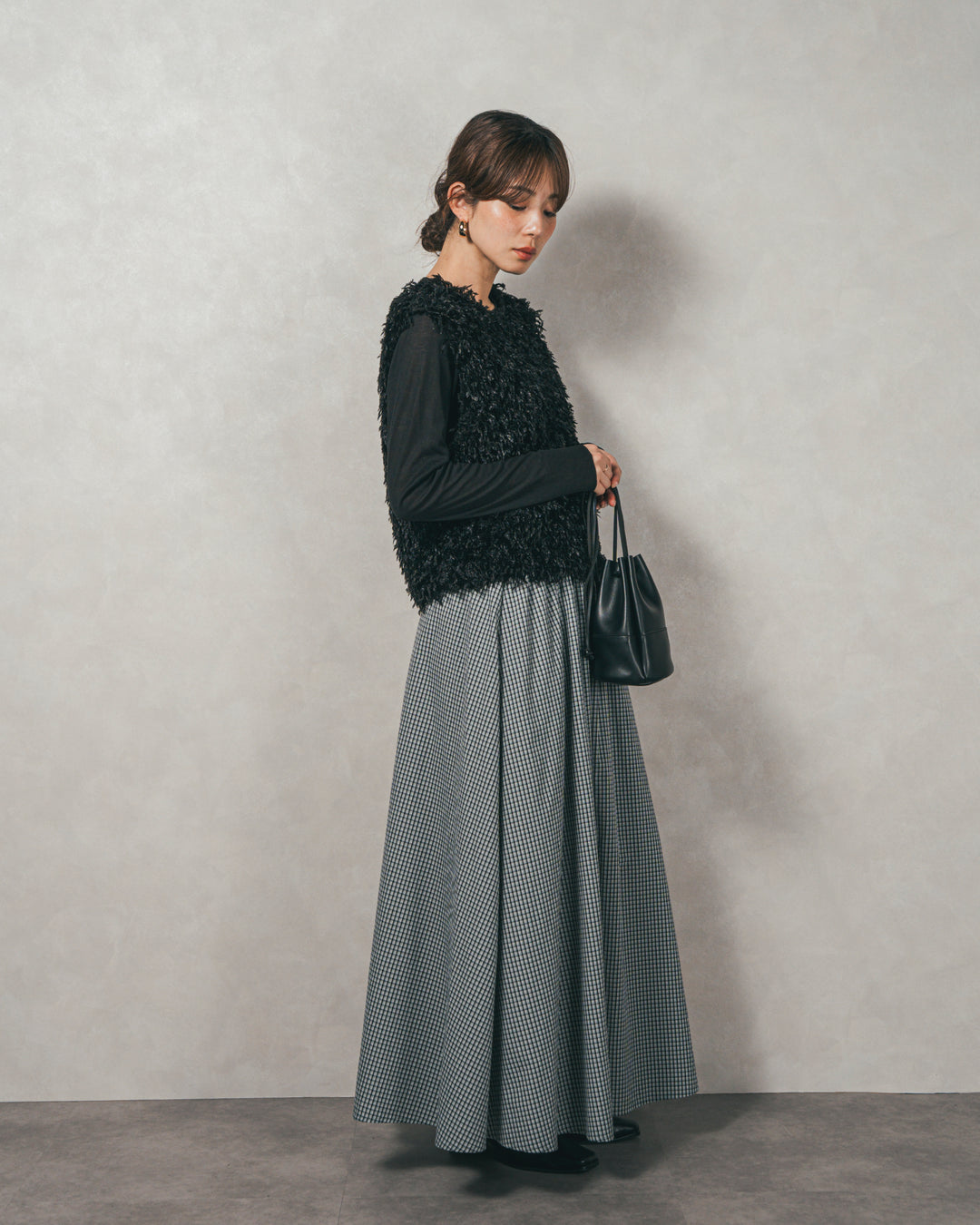 ［SET］2-Way フリンジベスト+チェックギャザーマキシスカート（2SET）