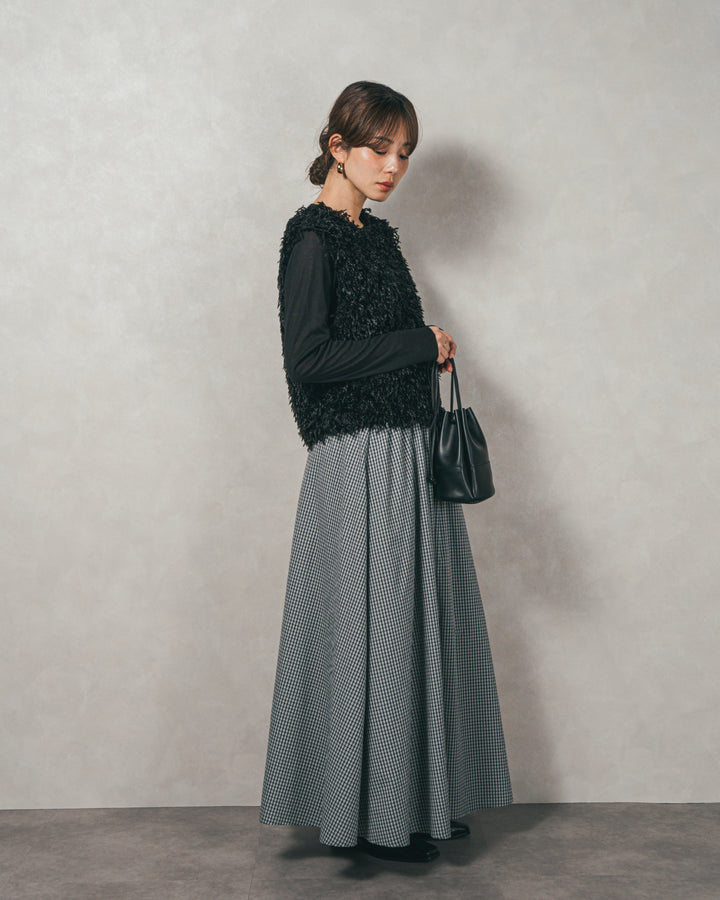 ［SET］2-Way フリンジベスト+チェックギャザーマキシスカート（2SET）