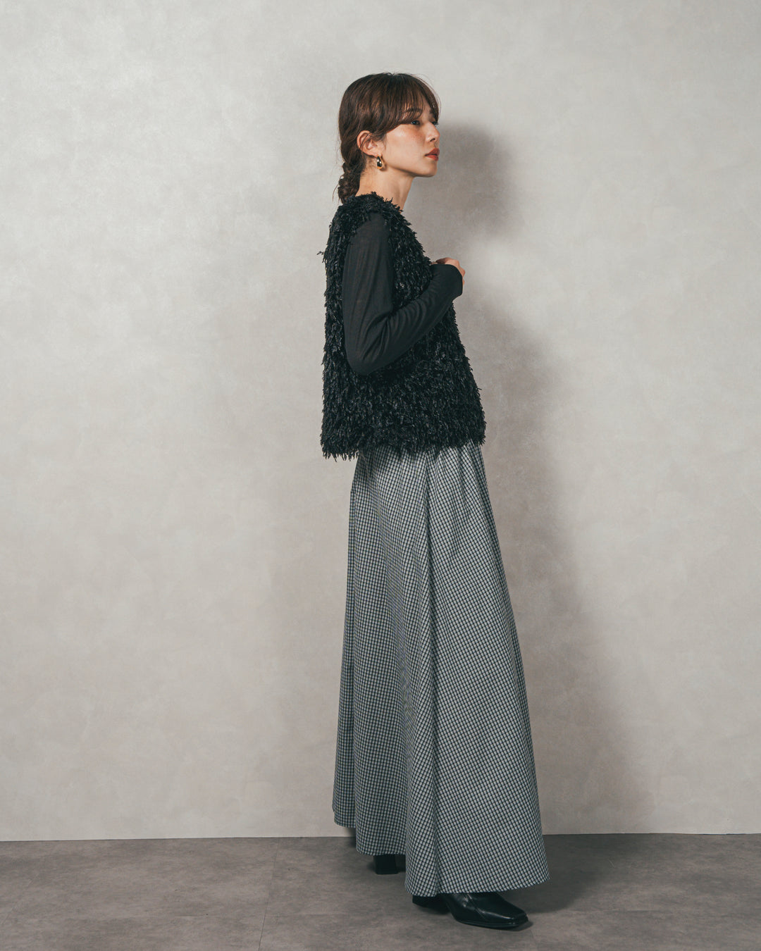 ［SET］2-Way フリンジベスト+チェックギャザーマキシスカート（2SET）