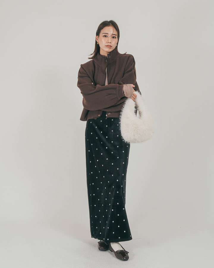 ［SET］Softショートニットブルゾン + Dot ベロアスカート（2SET）