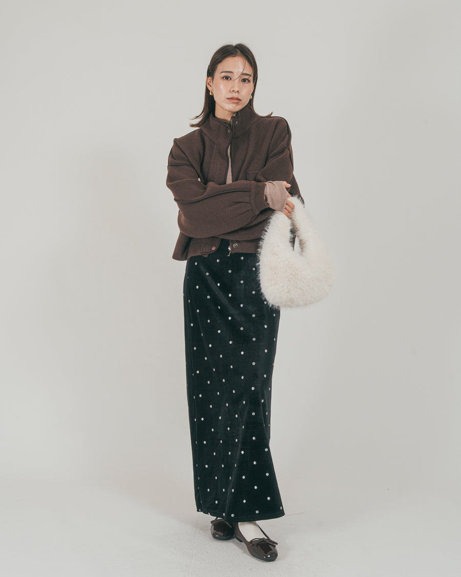 ［SET］Softショートニットブルゾン + Dot ベロアスカート（2SET）