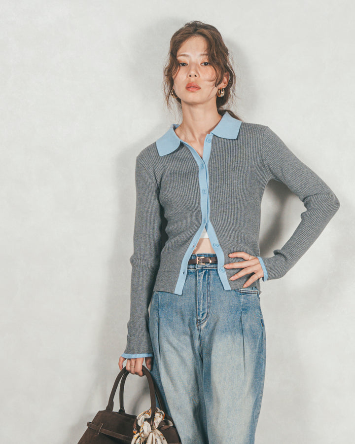 ［SET］バイカラー襟付きニットトップス+ワイドTuckイージーデニム