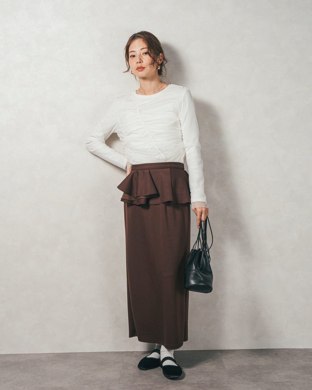 ［SET］【2枚SET】チュールshirringトップス&リブトップス+Multi-Way ライトポンチペプラムスカート（2SET）