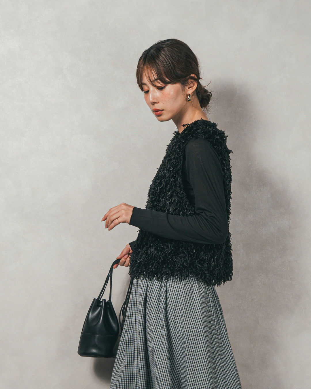 ［SET］2-Way フリンジベスト+チェックギャザーマキシスカート（2SET）