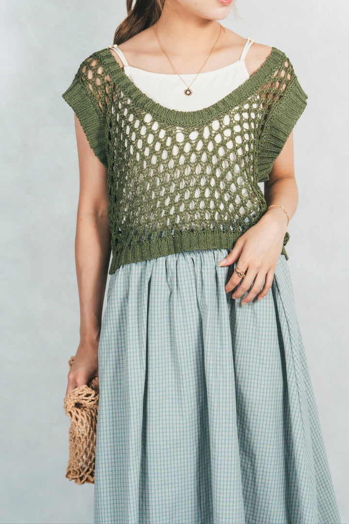 2-Way Uネックメッシュニットベスト (GREEN)
