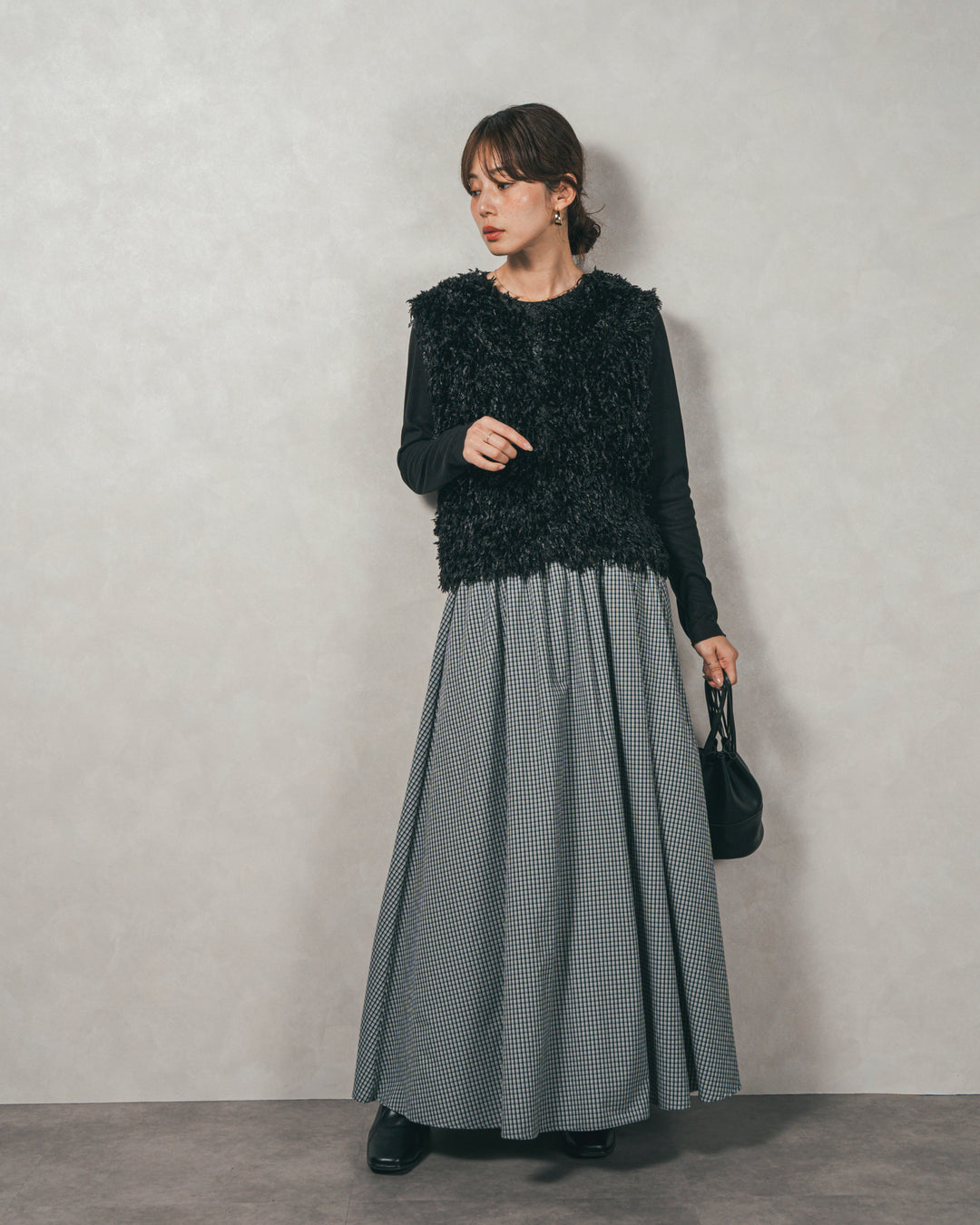 ［SET］2-Way フリンジベスト+チェックギャザーマキシスカート（2SET）