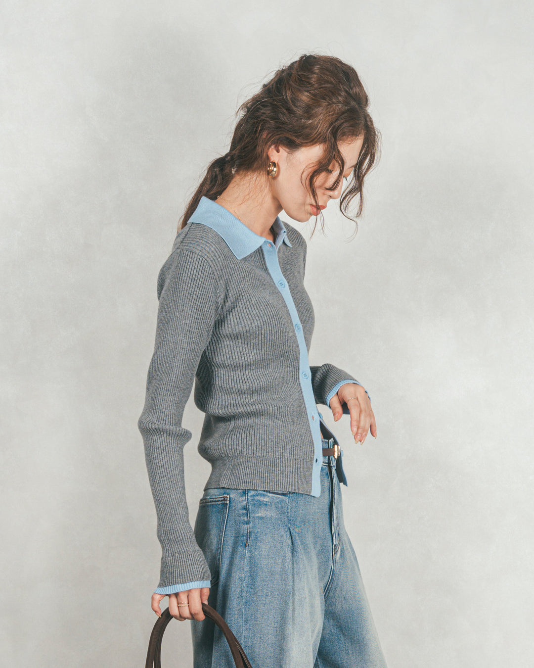 ［SET］バイカラー襟付きニットトップス+ワイドTuckイージーデニム