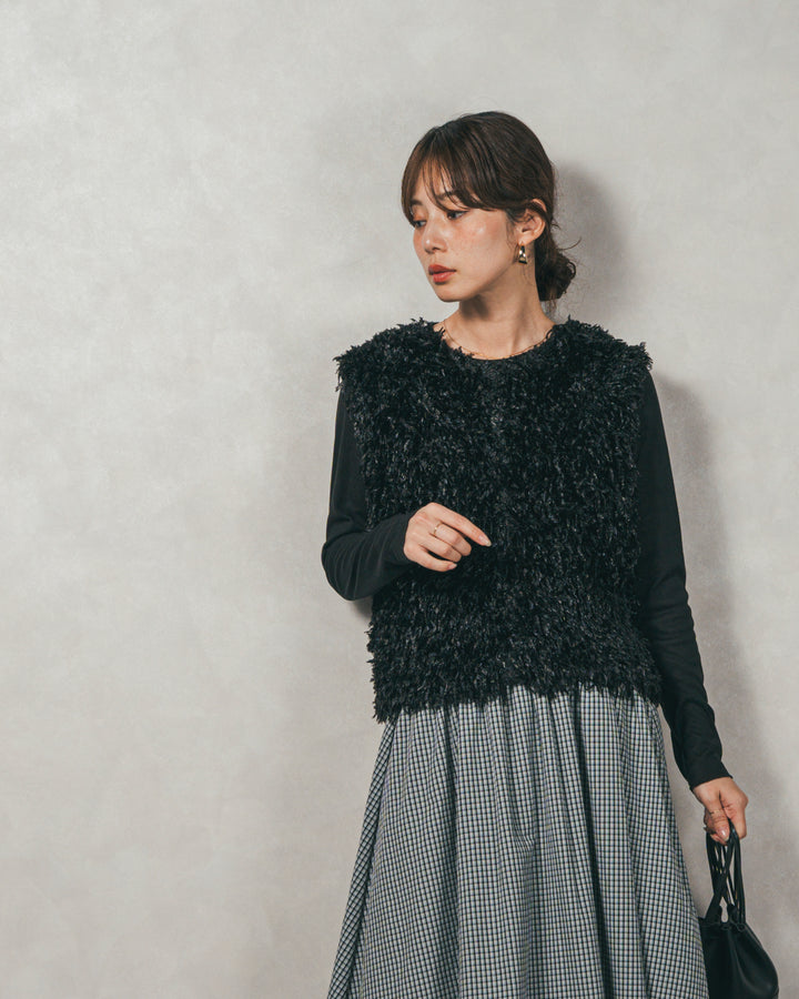 ［SET］2-Way フリンジベスト+チェックギャザーマキシスカート（2SET）