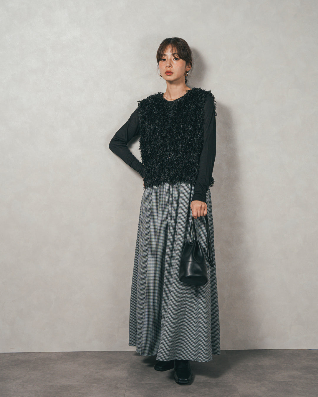 ［SET］2-Way フリンジベスト+チェックギャザーマキシスカート（2SET）