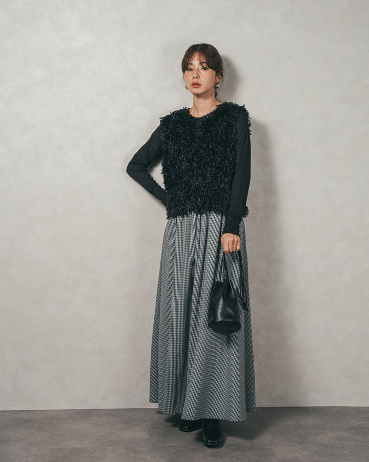 ［SET］2-Way フリンジベスト+チェックギャザーマキシスカート（2SET）