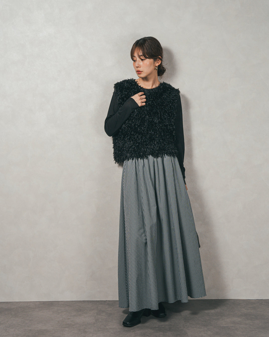 ［SET］2-Way フリンジベスト+チェックギャザーマキシスカート（2SET）