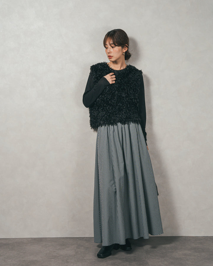 ［SET］2-Way フリンジベスト+チェックギャザーマキシスカート（2SET）