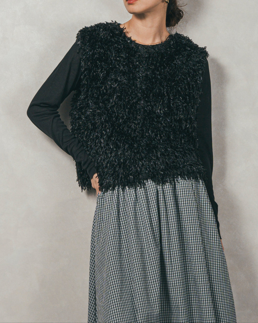 ［SET］2-Way フリンジベスト+チェックギャザーマキシスカート（2SET）