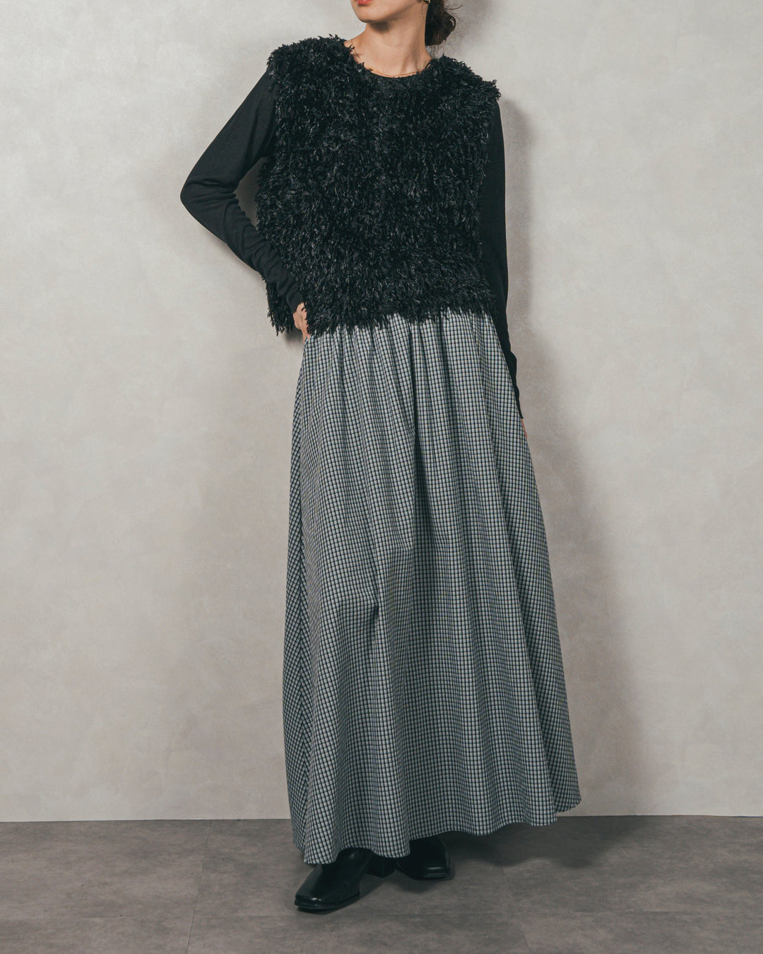 ［SET］2-Way フリンジベスト+チェックギャザーマキシスカート（2SET）