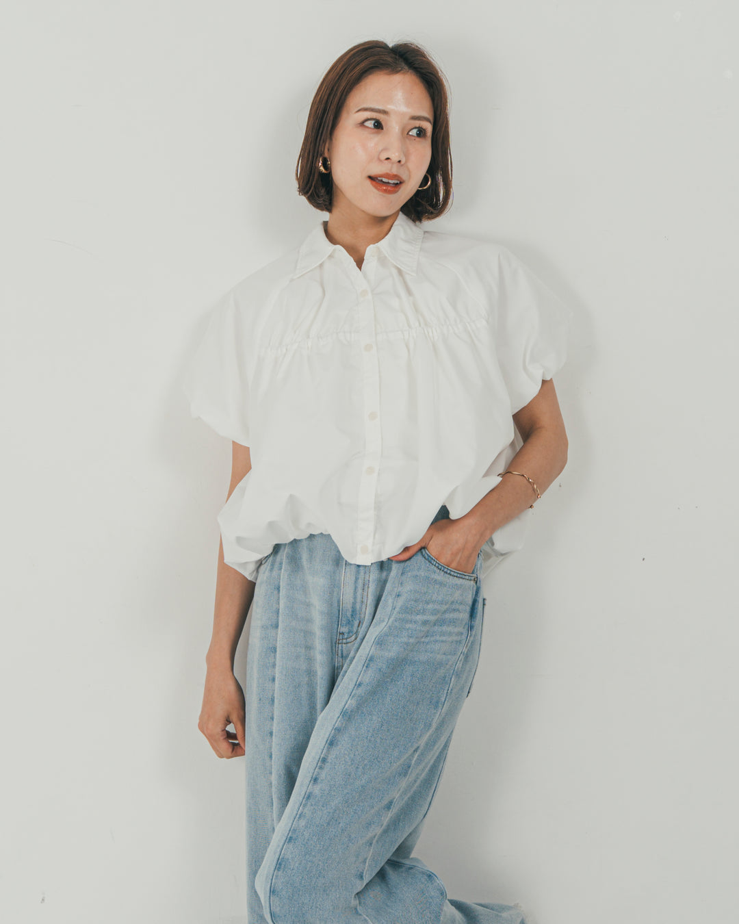 ［SET］バルーンShirringハーフスリーブシャツ + 10oz ニュアンスバイカラー リラックスワイドデニム（2SET）
