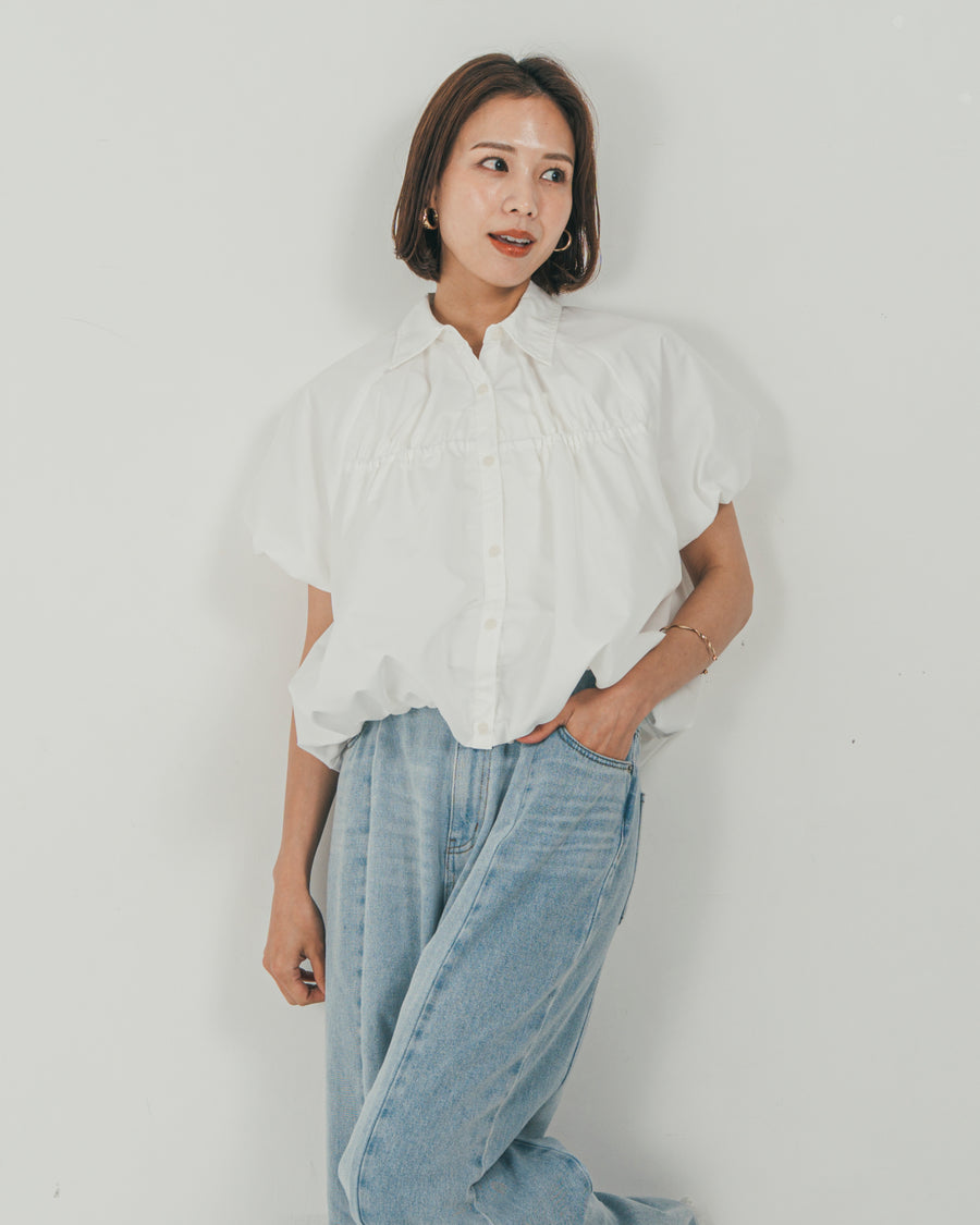［SET］バルーンShirringハーフスリーブシャツ + 10oz ニュアンスバイカラー リラックスワイドデニム（2SET）
